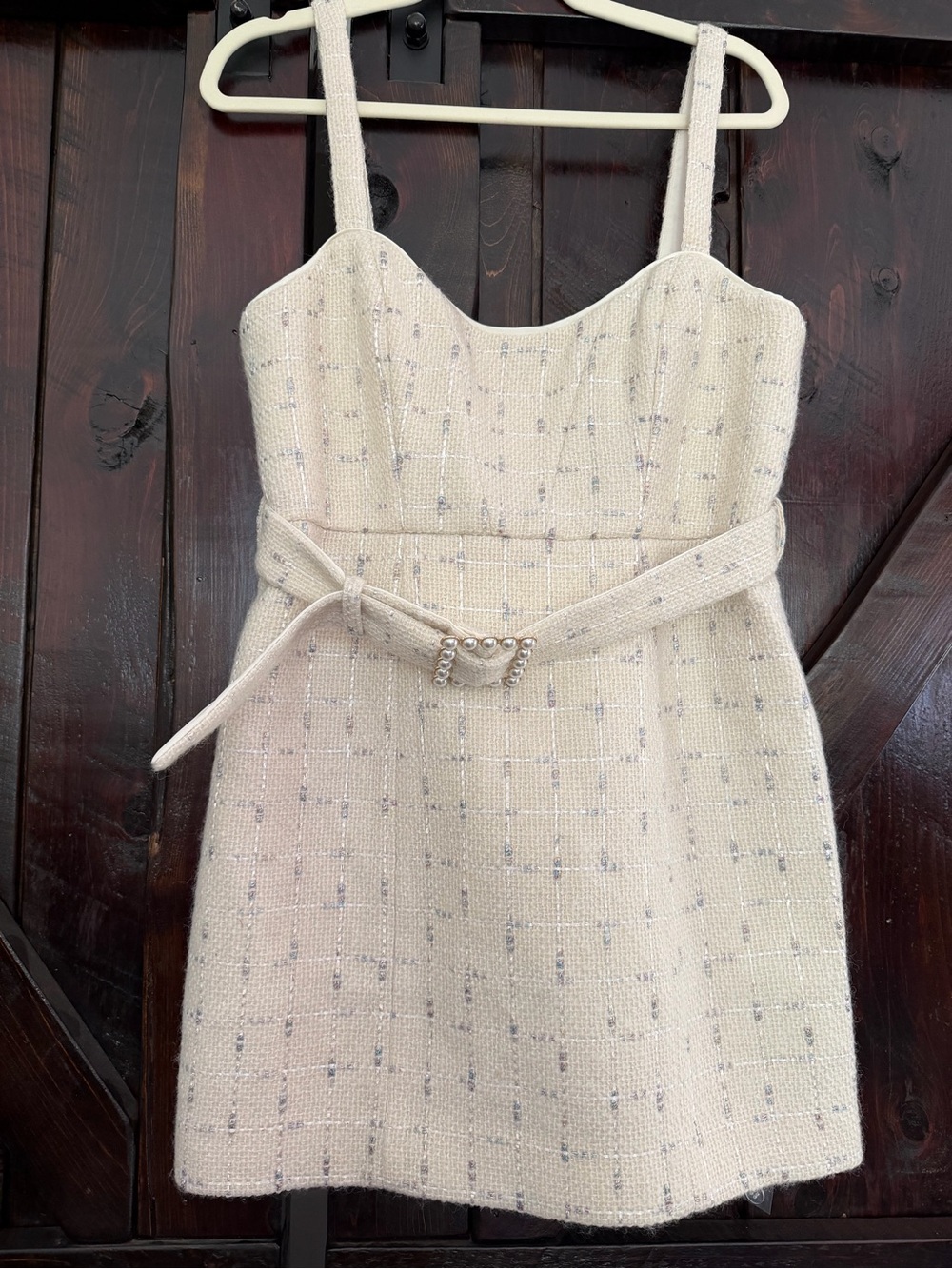 Assignment Cream Iridescent Tweed Belted Pearl Mini Dress